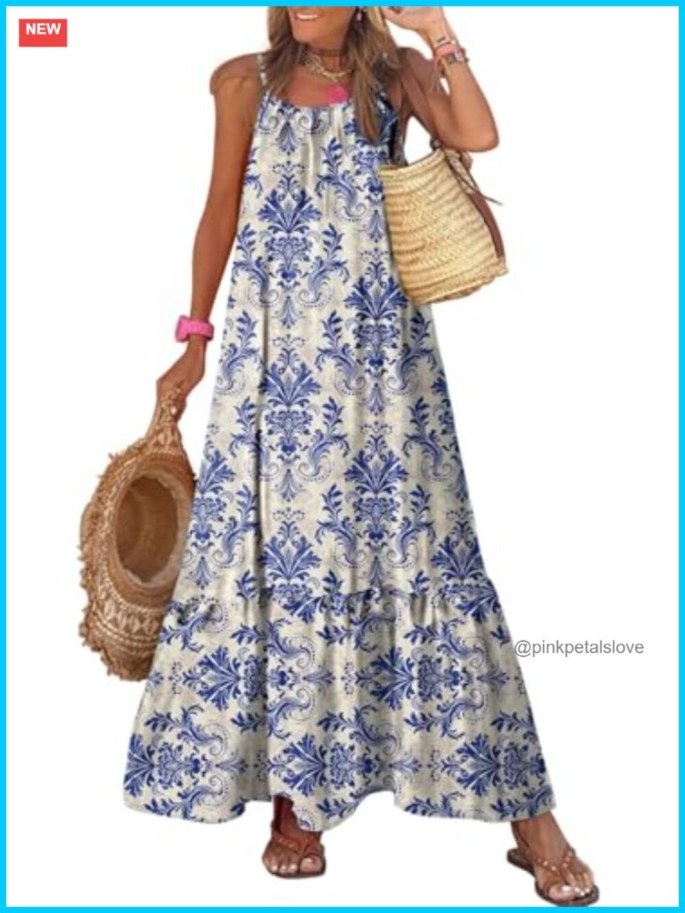 Smocked Ruffle Flowy Boho Maxi Dress Spaghetti Strap Scoop Neck A-Line